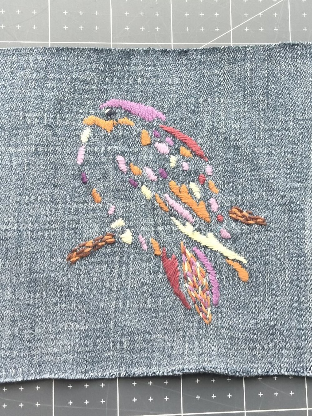 Patch for Visible Mending, Hand Embroidered, Sew OR Iron-On, Bird, Denim, OOAK